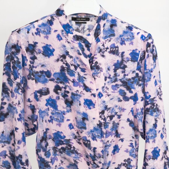 Isabel Marant Fidaje Blue Floral-Print Silk Crepe De Chine Gathered Blouse - Picture 4 of 10